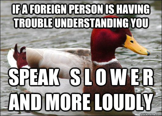 If a foreign person is having trouble understanding you Speak   s l o w e r and more loudly  Malicious Advice Mallard