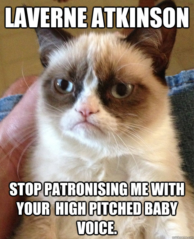 Laverne atkinson stop patronising me with your  high pitched baby voice.  Grumpy Cat