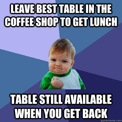 Leave best table in the coffee shop to get lunch  Table still available when you get back  Success Kid