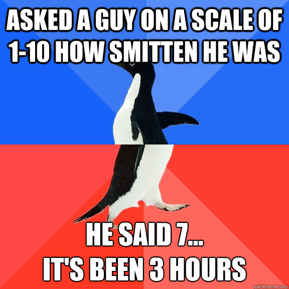 Asked a guy on a scale of 1-10 how smitten he was He said 7...
it's been 3 hours  Socially Awkward Awesome Penguin