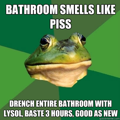 bathroom smells like piss drench entire bathroom with lysol, baste 3 hours, good as new  Foul Bachelor Frog