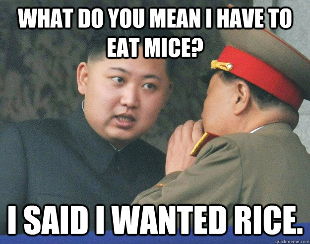 What do you mean I have to eat mice? I said I wanted rice.   Hungry Kim Jong Un