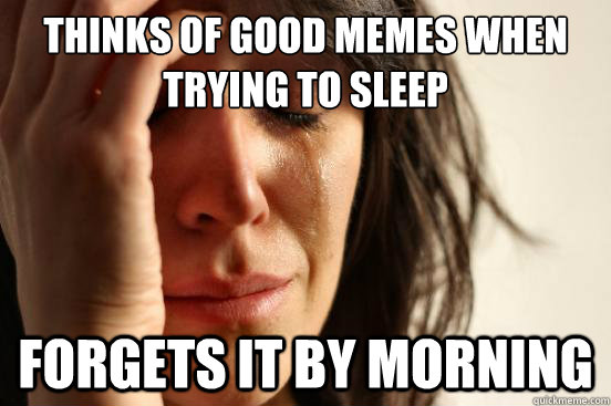 Thinks of good memes when trying to sleep Forgets it by morning  First World Problems