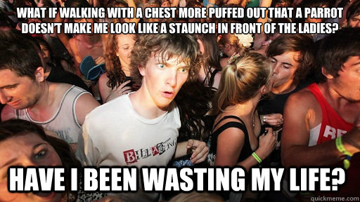 What if walking with a chest more puffed out that a parrot doesn’t make me look like a staunch in front of the ladies? Have I been wasting my life?  Sudden Clarity Clarence