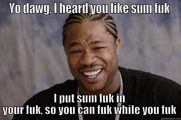 U wan sum fuk dawg? - YO DAWG, I HEARD YOU LIKE SUM FUK I PUT SUM FUK IN YOUR FUK, SO YOU CAN FUK WHILE YOU FUK Xzibit meme