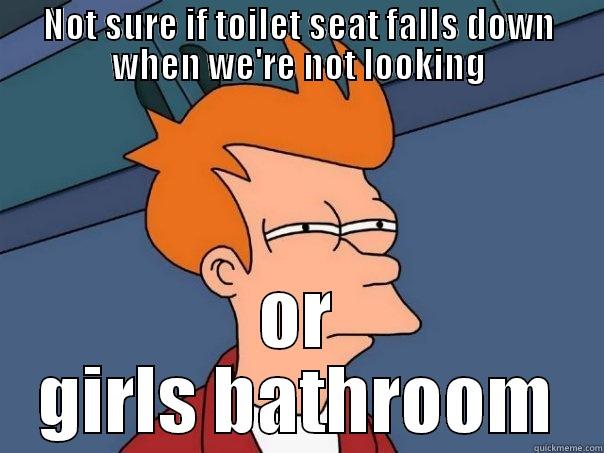 NOT SURE IF TOILET SEAT FALLS DOWN WHEN WE'RE NOT LOOKING OR GIRLS BATHROOM Futurama Fry