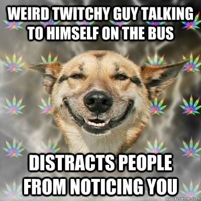WEIRD TWITCHY GUY talking to himself ON THE BUS distracts people from noticing you  Stoner Dog