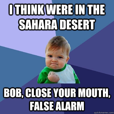 I think were in the Sahara Desert  BoB, Close your Mouth, False Alarm - I think were in the Sahara Desert  BoB, Close your Mouth, False Alarm  Success Kid