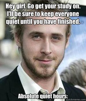 Hey girl. Go get your study on. I'll be sure to keep everyone quiet until you have finished.  Absolute quiet hours:  - Hey girl. Go get your study on. I'll be sure to keep everyone quiet until you have finished.  Absolute quiet hours:   Misc