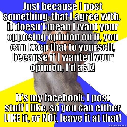 just because i post something it doesn't mean i want your opposing opinion on it - JUST BECAUSE I POST SOMETHING, THAT I AGREE WITH,  IT DOESN'T MEAN I WANT YOUR OPPOSING OPINION ON IT, YOU CAN KEEP THAT TO YOURSELF, BECAUSE IF I WANTED YOUR OPINION, I'D ASK! IT'S MY FACEBOOK, I POST STUFF I LIKE, SO YOU CAN EITHER LIKE IT, OR NOT, LEAVE IT AT THAT! Advice God