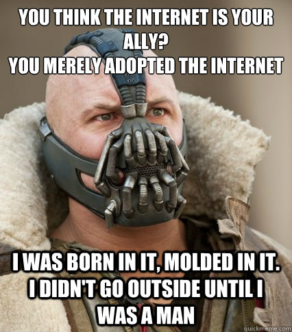 you think the internet is your ally? 
You merely adopted the internet I was born in it, molded in it. I didn't go outside until I was a man  