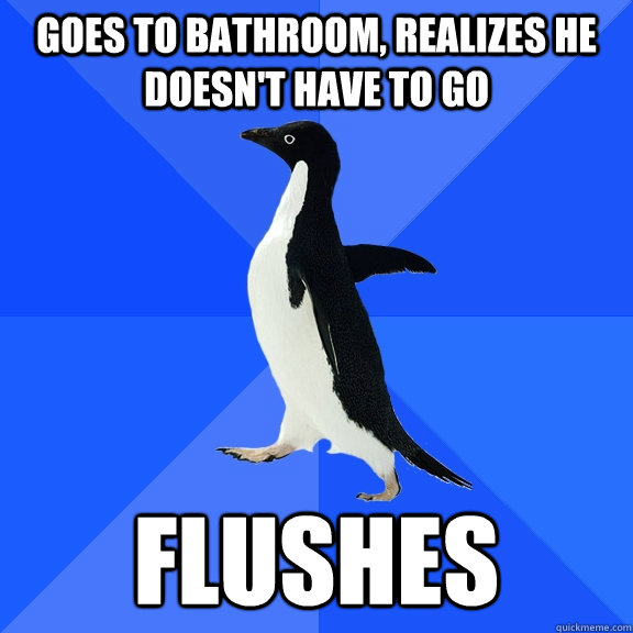 Goes to bathroom, realizes he doesn't have to go flushes  Socially Awkward Penguin
