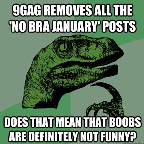9GAG removes all the 'no bra January' posts Does that mean that boobs are definitely not funny?  Philosoraptor