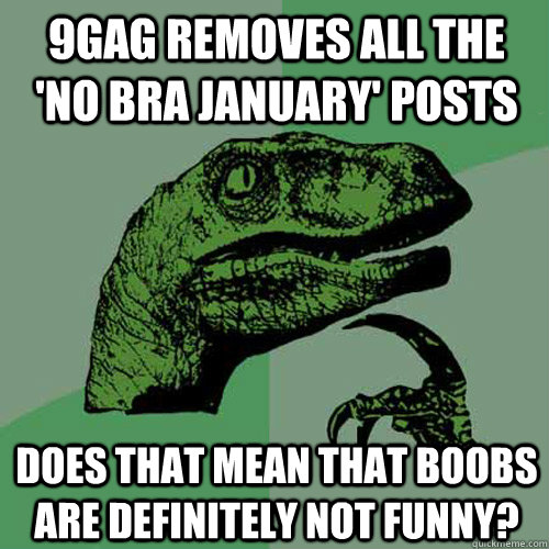 9GAG removes all the 'no bra January' posts Does that mean that boobs are definitely not funny?  Philosoraptor