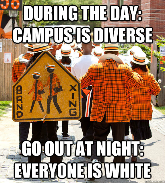 during the day: campus is diverse go out at night: everyone is white  Princeton Problems
