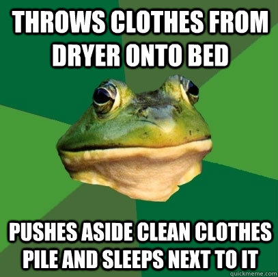 Throws clothes from dryer onto bed Pushes aside clean clothes pile and sleeps next to it  Foul Bachelor Frog