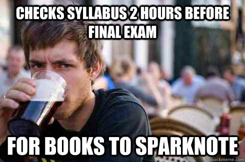 Checks syllabus 2 hours before final exam for books to sparknote  Lazy Senior