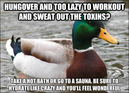 Hungover and too lazy to workout and sweat out the toxins? 
Take a hot bath or go to a sauna. be sure to hydrate like crazy and you'll feel wonderful - Hungover and too lazy to workout and sweat out the toxins? 
Take a hot bath or go to a sauna. be sure to hydrate like crazy and you'll feel wonderful  Actual Advice Mallard
