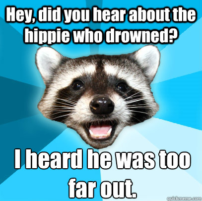 Hey, did you hear about the hippie who drowned? I heard he was too far out.  Lame Pun Coon