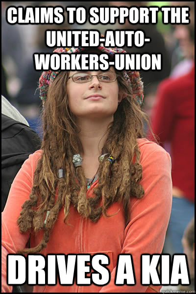 claims to support the united-auto-workers-union drives a kia  College Liberal