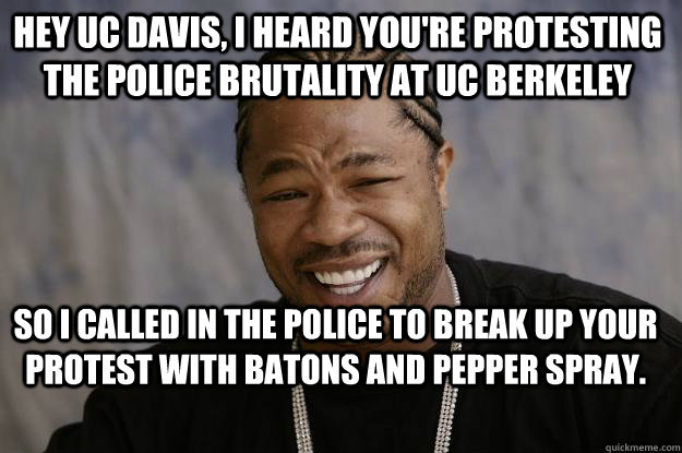 Hey UC Davis, I heard you're protesting the police brutality at UC Berkeley  So I called in the police to break up your protest with batons and pepper spray.  Xzibit meme