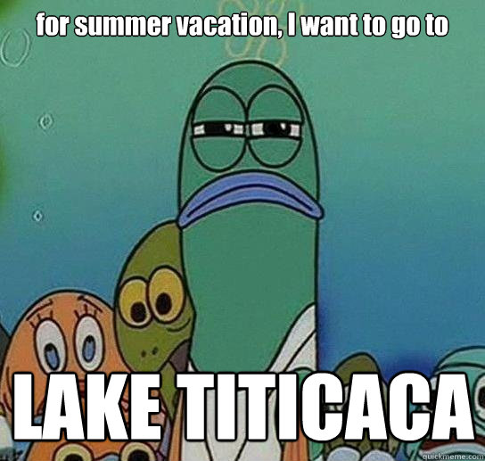 for summer vacation, I want to go to  LAKE TITICACA  Serious fish SpongeBob