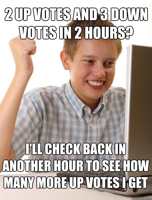 2 up votes and 3 down votes in 2 hours? I'll check back in another hour to see how many more up votes I get  First Day on the Internet Kid