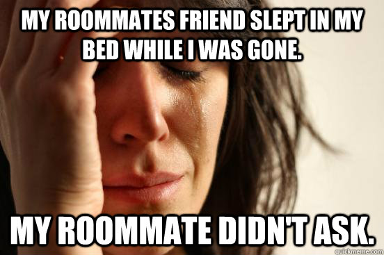 My roommates friend slept in my bed while i was gone. My roommate didn't ask.  First World Problems