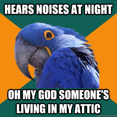 Hears noises at night oh my god someone's living in my attic  Paranoid Parrot