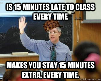 Is 15 minutes late to class every time makes you stay 15 minutes extra, every time.  Scumbag Professor