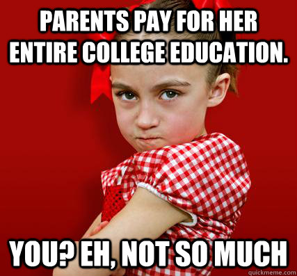 parents pay for her entire college education. You? eh, Not so much - parents pay for her entire college education. You? eh, Not so much  Spoiled Little Sister