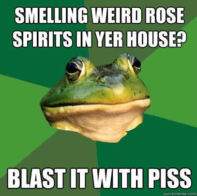 Smelling weird rose spirits in yer house? BLAST IT WITH PISS  Foul Bachelor Frog