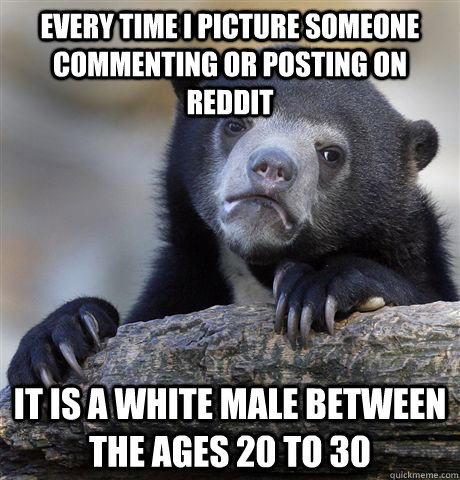 Every time I picture someone commenting or posting on reddit It is a white male between the ages 20 to 30  Confession Bear