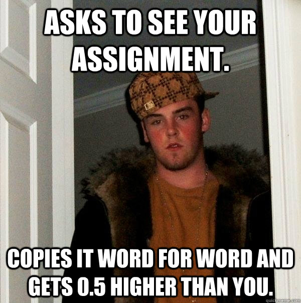 asks to see your assignment. copies it word for word and gets 0.5 higher than you.  Scumbag Steve