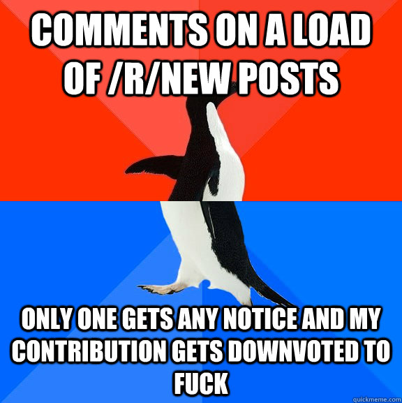 comments on a load of /r/new posts only one gets any notice and my contribution gets downvoted to fuck  Awesome Awkward Penguin