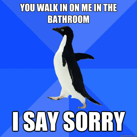 You walk in on me in the bathroom i say sorry  Socially Awkward Penguin