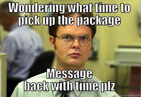 WONDERING WHAT TIME TO PICK UP THE PACKAGE MESSAGE BACK WITH TIME PLZ Schrute