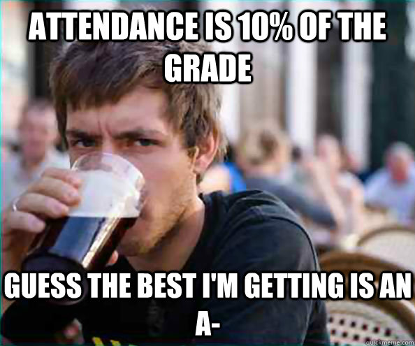 Attendance is 10% of the grade Guess the best i'm getting is an A-  - Attendance is 10% of the grade Guess the best i'm getting is an A-   Lazy College Senior