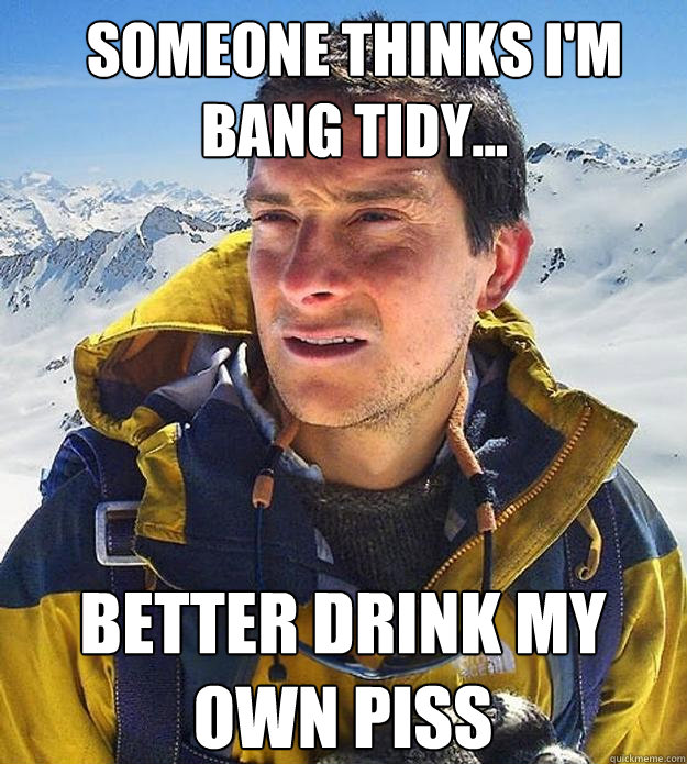 Someone thinks I'm Bang tidy... better drink my own piss  Best size bear grylls meme