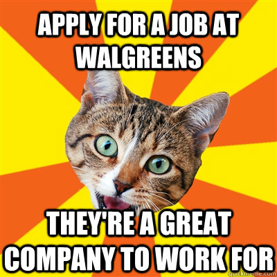apply for a job at walgreens they're a great company to work for  Bad Advice Cat