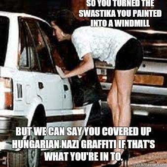 So you turned the swastika you painted into a windmill But we can say you covered up Hungarian nazi graffiti if that's what you're in to.  Straight Hooker