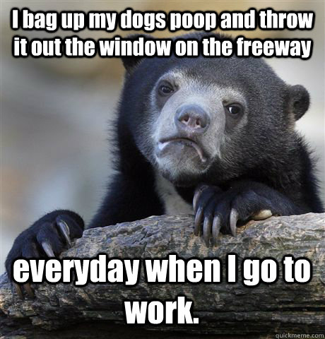 I bag up my dogs poop and throw it out the window on the freeway everyday when I go to work.  Confession Bear