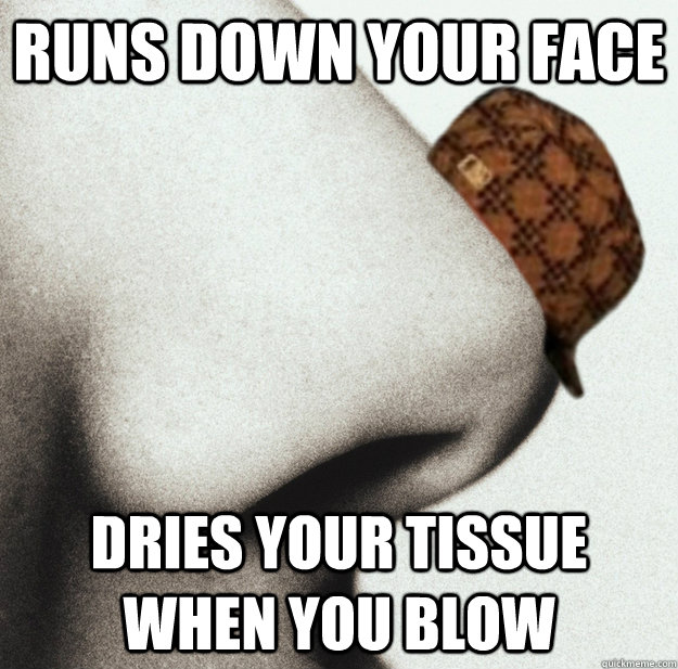 Runs down your face Dries your tissue when you blow - Runs down your face Dries your tissue when you blow  Misc