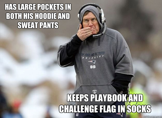 Has large pockets in both his hoodie and sweat pants keeps playbook and challenge flag in socks  