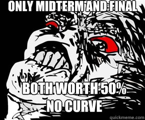 only midterm and final both worth 50%
no curve  