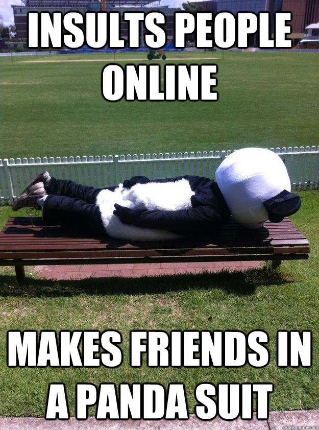 Insults people online Makes friends in a panda suit  