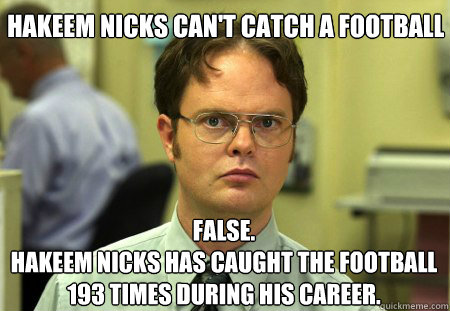 Hakeem Nicks can't catch a Football False.
Hakeem Nicks has caught the football 193 times during his career.  Schrute