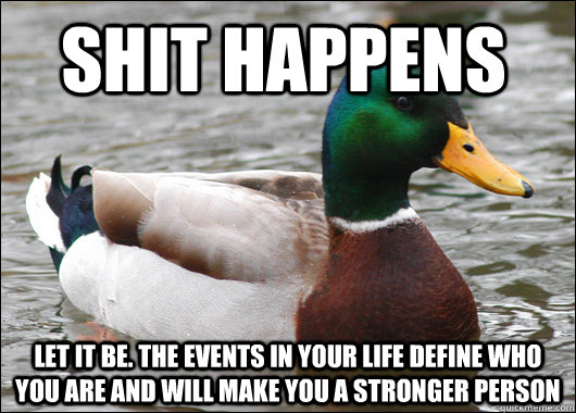 Shit happens Let it be. The events in your life define who you are and will make you a stronger person  Actual Advice Mallard