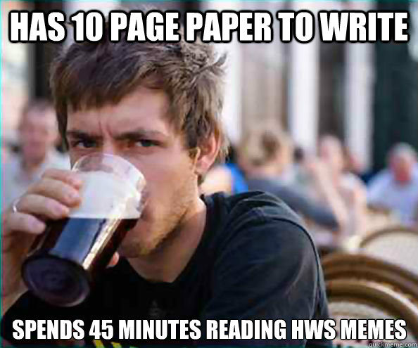 Has 10 page paper to write Spends 45 minutes reading HWS memes  Lazy College Senior