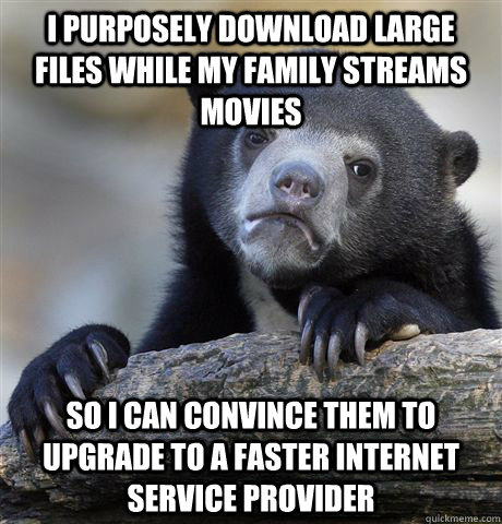 I purposely download large files while my family streams movies so I can convince them to upgrade to a faster internet service provider  Confession Bear